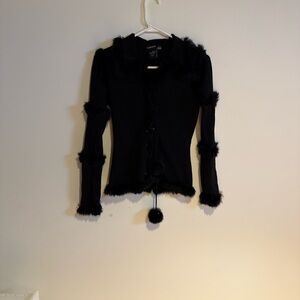 Vermani Black Long Sleeve Top with Fur Accents